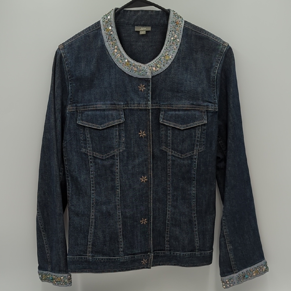 J. Jill Beaded Collar Jacket Floral Embroidered Small outerwear Dark Wash Boho